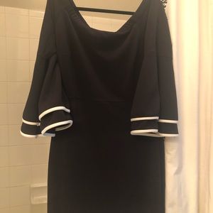 Chic Black Double Bell Sleeve dress white trim.